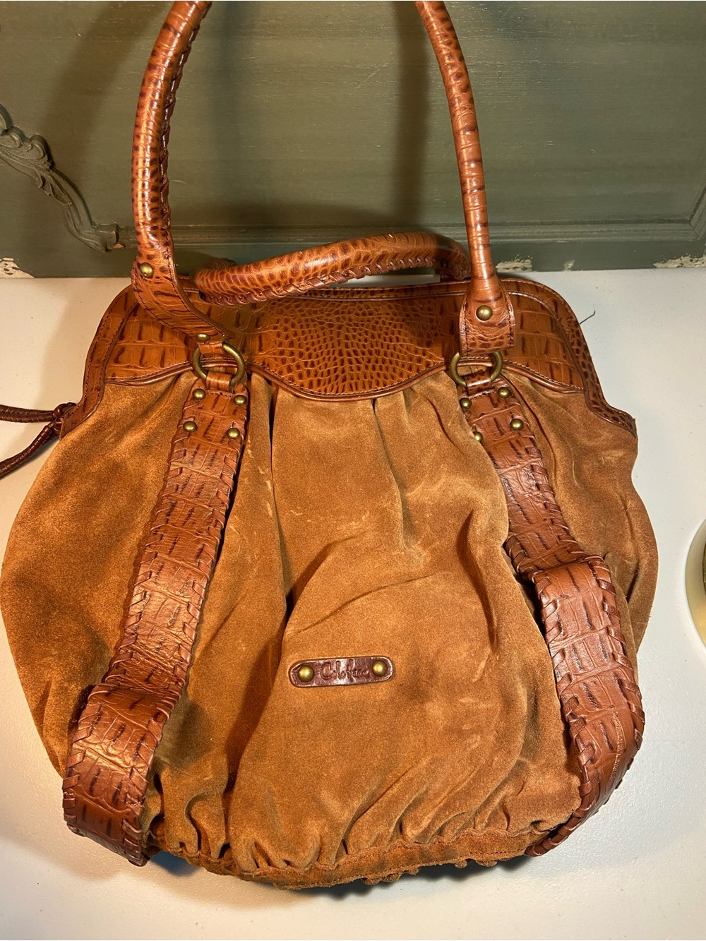 Women's Cole Haan Cognac Suede & Faux-Croc Tote Hobo Bag